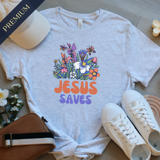 Premium Jesus Saves Christian Shirt with Flowers and Butterflies